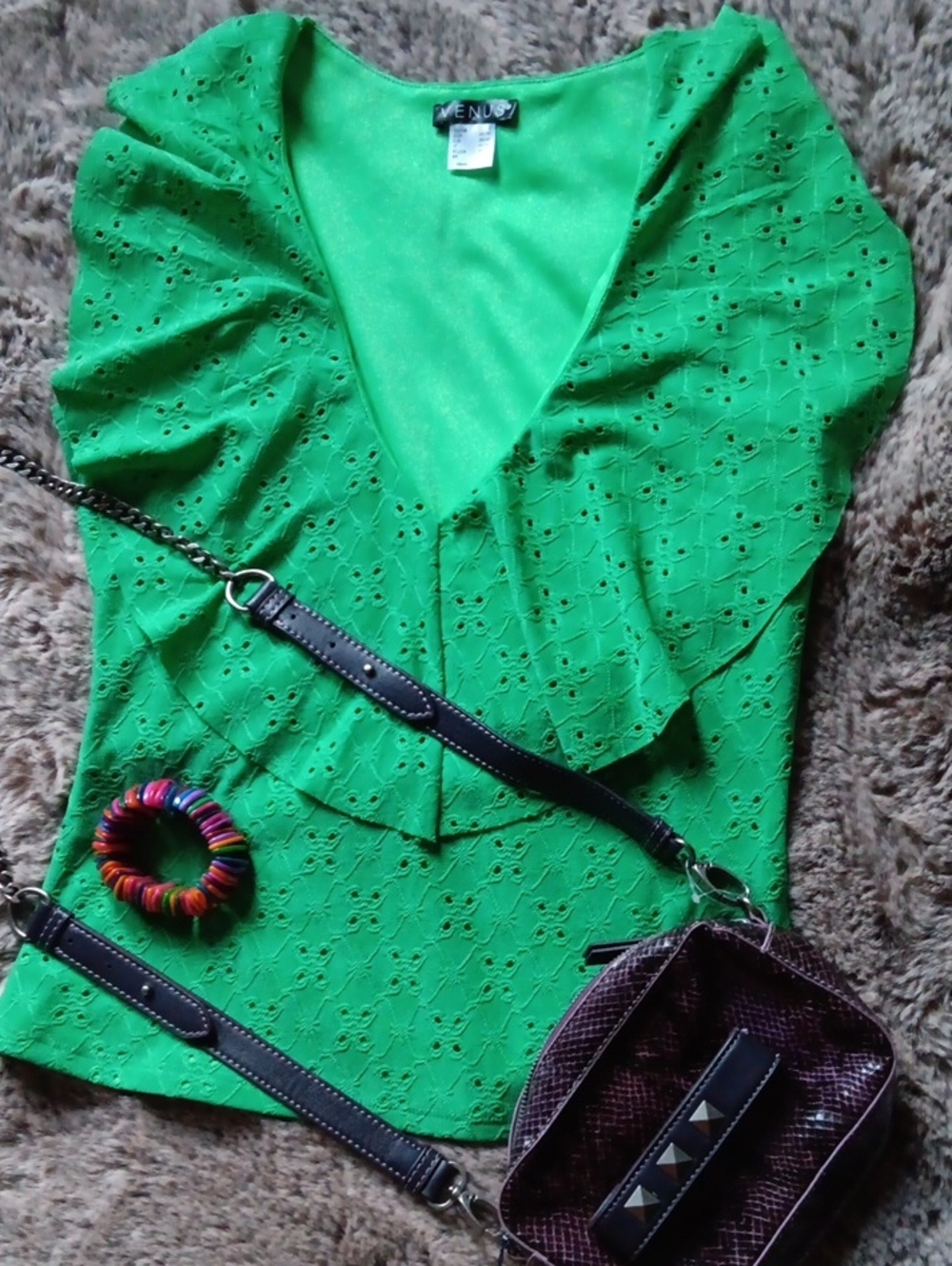 VENUS Bright Green Eyelet Ruffle V-Neck Blouse